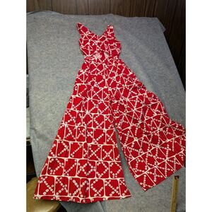 Vintage Raymodes NY Red Floral Wide Leg Cut Out Jumpsuit Size 9